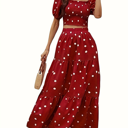  Polka Dot Print Shirred Puff Sleeve Square Neck Crop Top & Skirt Set