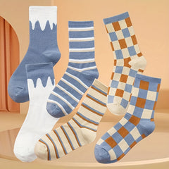12 Pairs Striped & Plaid Print Mid Tube Socks Women's Stockings
