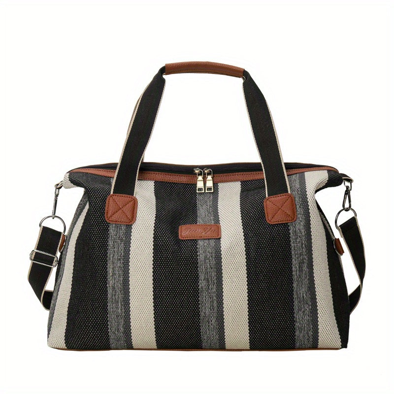 Vintage Large Striped Duffle Bag Lightweight Zipper Luggage Portable Sports