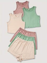 Solid Pajama Set Crew Neck Tank Top & Shorts Women's Sleepwear