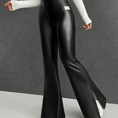  High Waist PU Leather Flared Leg Split Trousers