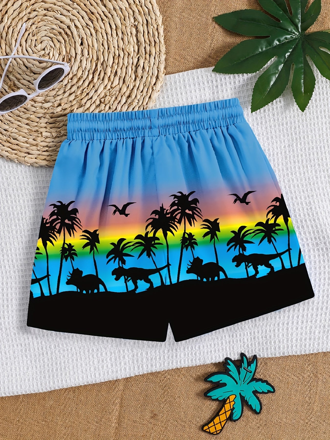 Boys Swim Trunks Coconut Trees Dinosaur Print Elastic Waist Drawstring