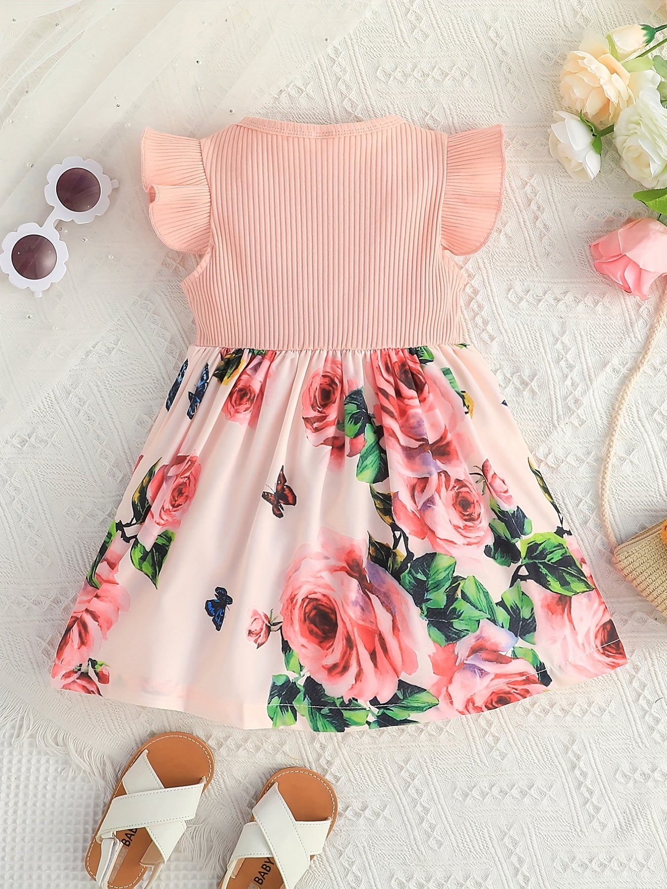 Girls Casual Stitching Dress Ribbed Fly Sleeve Ruffled Bow Dress
