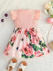 Girls Casual Stitching Dress Ribbed Fly Sleeve Ruffled Bow Dress