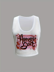 Letter & Heart Print Crop Tank Top Y2K Sleeveless Tank Top For Summer