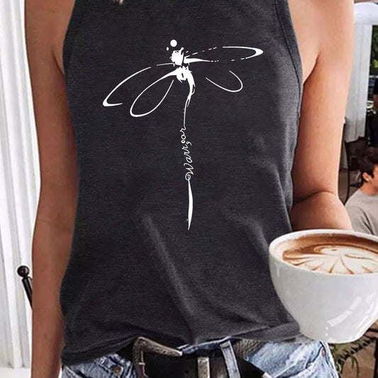 Dragonfly Print Tank Top Sleeveless Summer Top