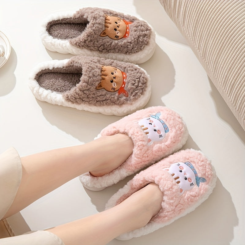 Women's Cat Pattern Slippers Plush Lined Indoor Shoes