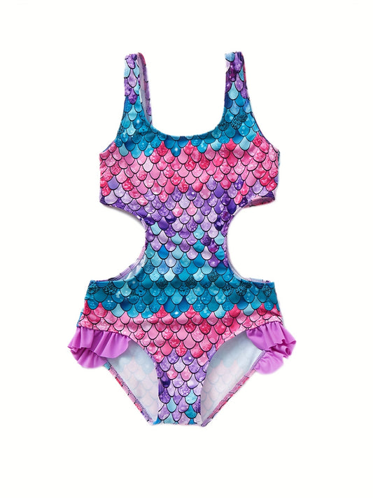 Girls Swimsuit Gradient Fish Scale Graphic Quick Dry Halter Sleeveless Swimwear