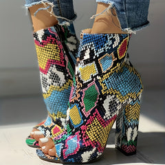 Multicolor Snakeskin Pattern Peep Toe Ankle Boots