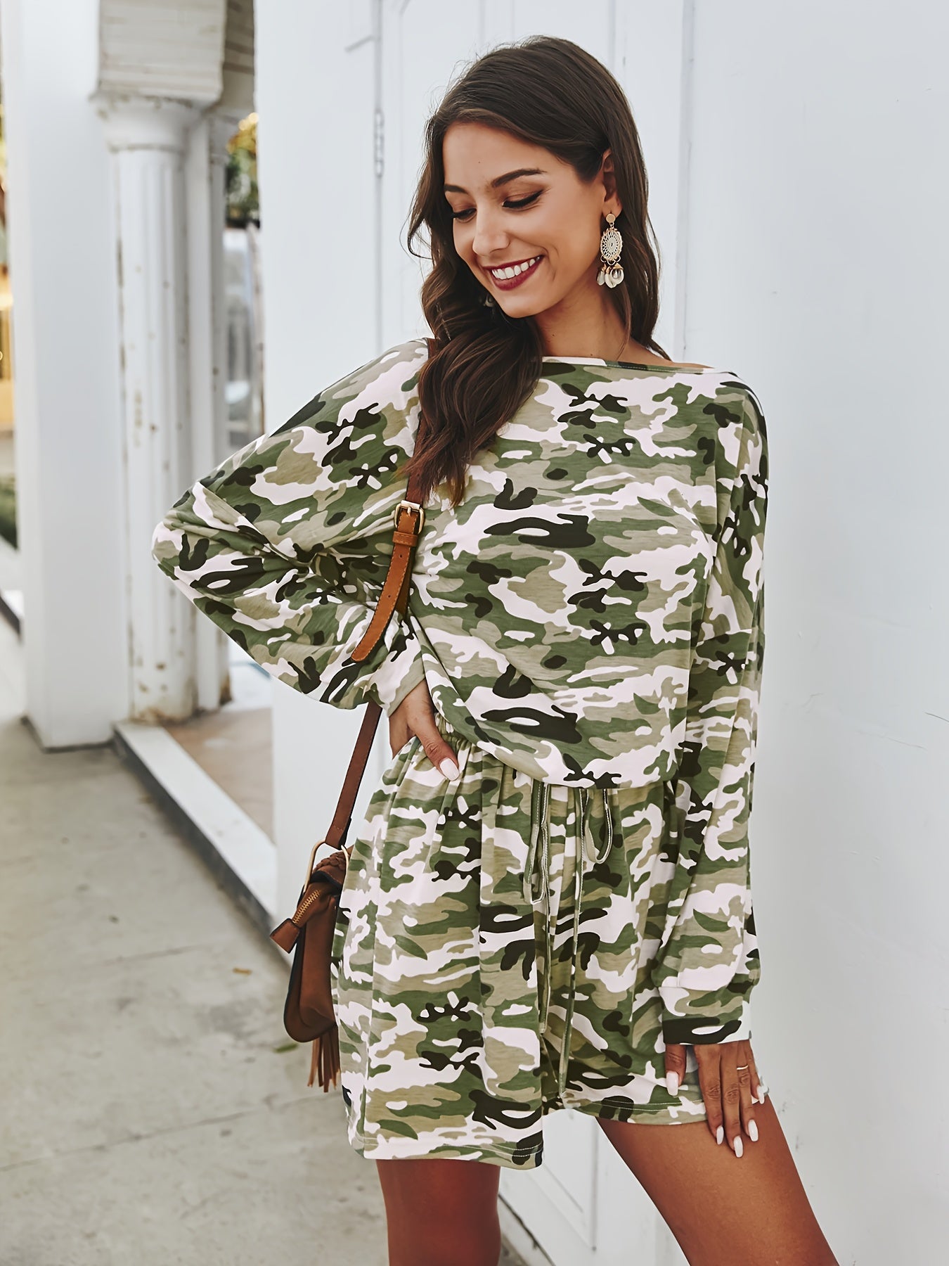 Camouflage Print Off Shoulder Jumpsuit Long Sleeve Women's Clothing