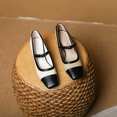 Colorblock Chunky Heels Square Toe Pumps Buckle Strap Dress Shoes