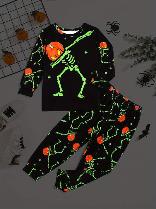 Boys Halloween 2pcs Sweatshirt & Sweatpants Set Pumpkin Skeleton Print