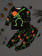 Boys Halloween 2pcs Sweatshirt & Sweatpants Set Pumpkin Skeleton Print