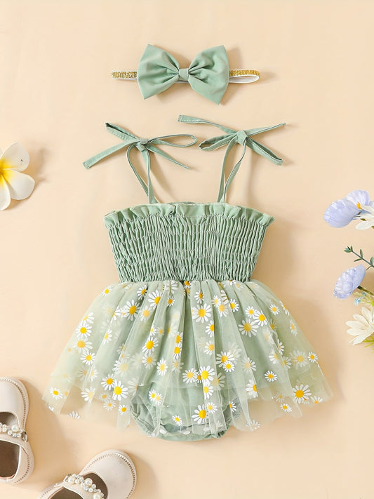 Baby Girls Shirred Mesh Onesie Dress & Headband Set