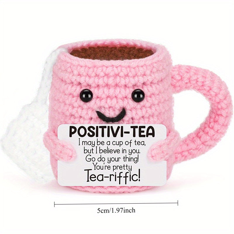 Crocheted Tea Cup Doll Decor with Positive Energy Font DIY Accessory Gift