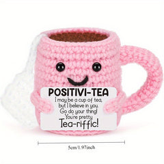 Crocheted Tea Cup Doll Decor with Positive Energy Font DIY Accessory Gift