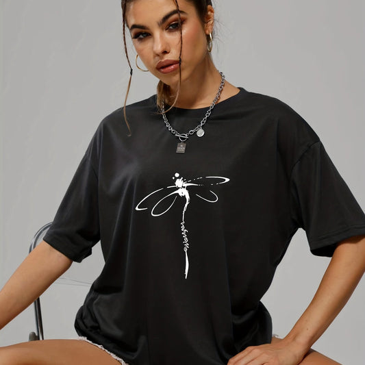 Dragonfly Graphic Casual Loose Sports Top Women's Summer Tops