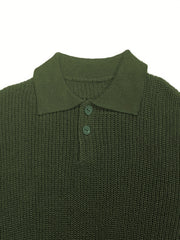 Waffle Knit Polo Collar Sweater Men's Casual Warm Solid Button Up Sweater