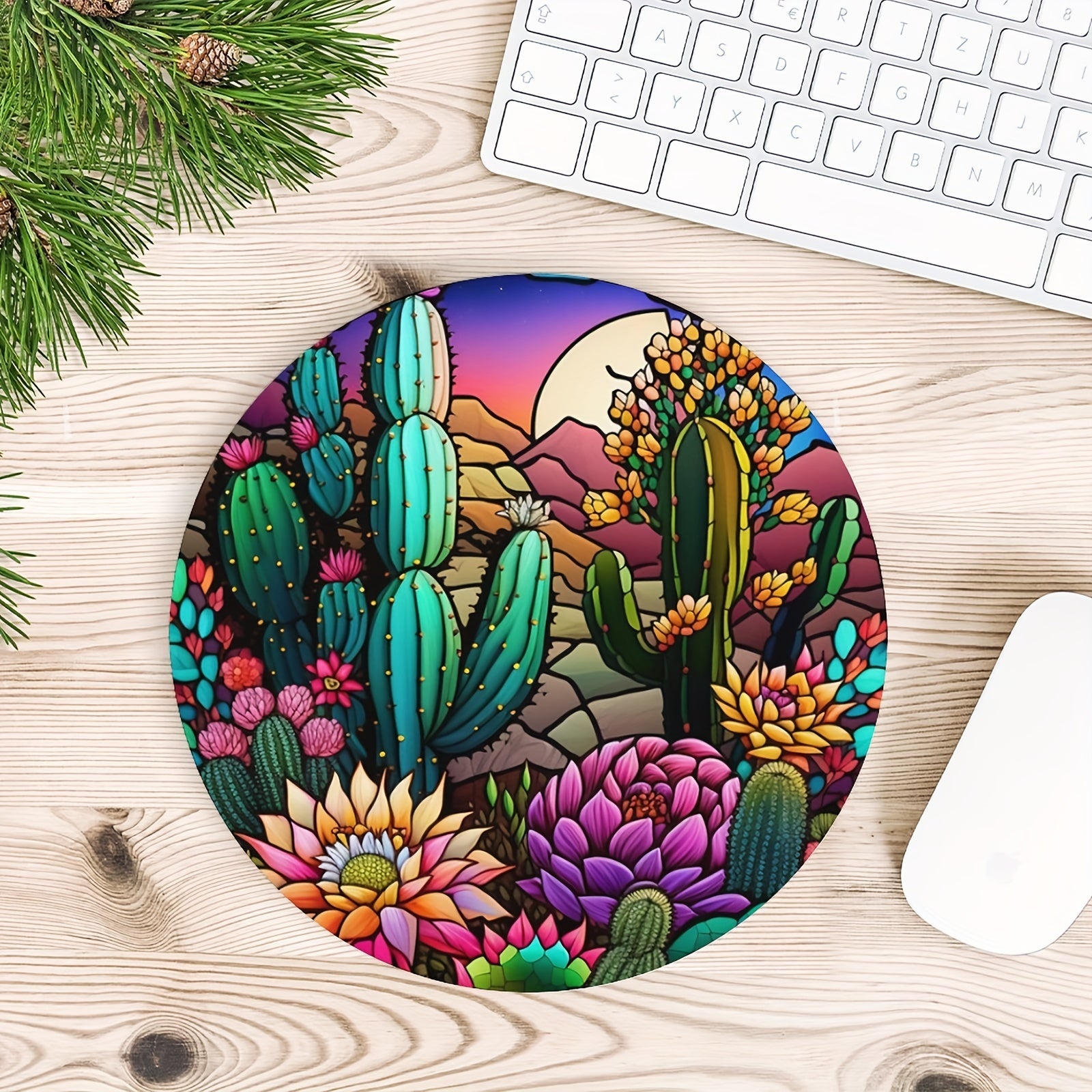Cactus Stained Glass Round Mouse Mat Mouse Pad