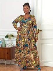  Allover Print Long Sleeve Maxi Dress With Belt