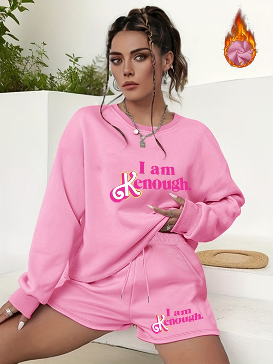  2 Piece Set Women's Slogan Print Sweatshirt & Shorts