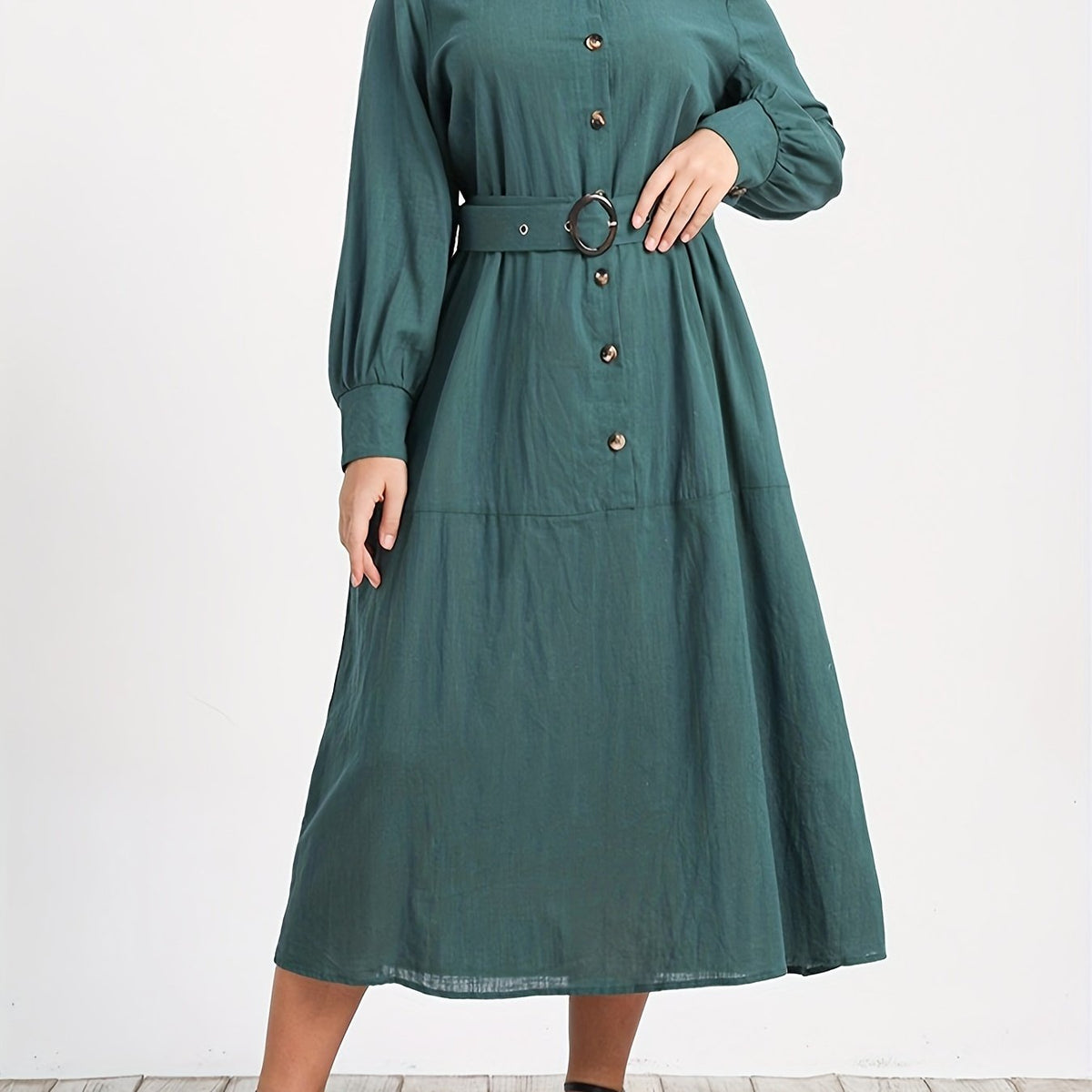  Solid Button Up Lantern Sleeve Shirt Dress With Belt