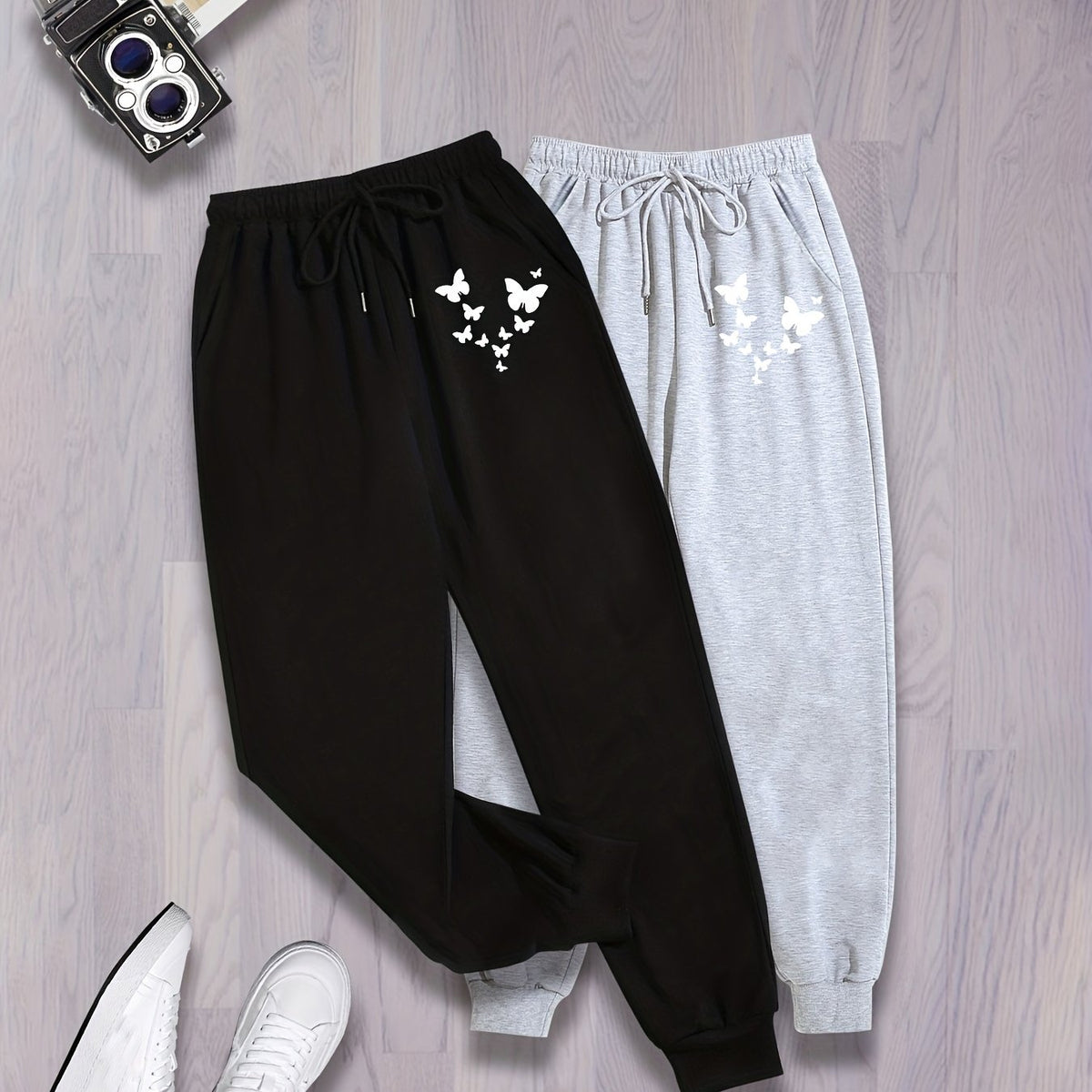 2 Pack Plus Size Butterfly Print Sports Pants Elastic Waist Drawstr