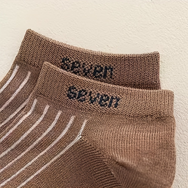 5 Pairs Kids 'Seven' Print Ankle Socks Boys Girls Thin Cotton Striped Boat Socks