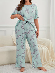  Pajamas Set Floral Print Contrast Trim Round Neck Tee & Pants