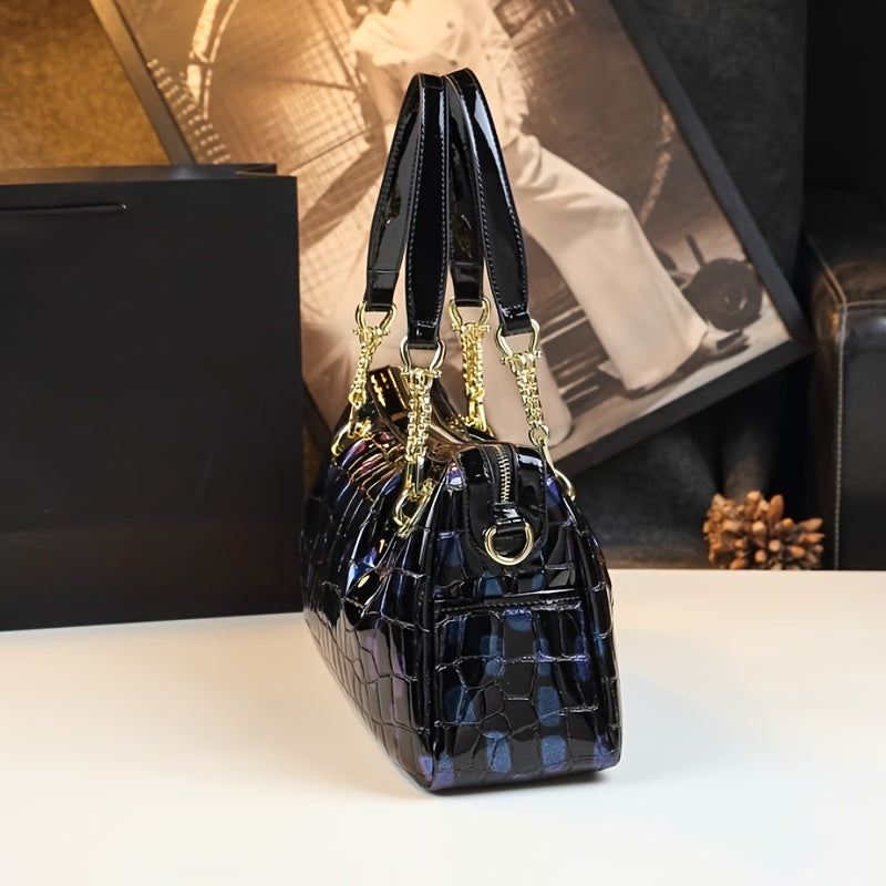 Vintage Crocodile Pattern Shoulder Bag with Detachable Strap