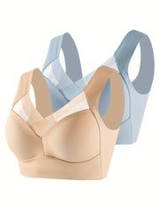 2pcs Wireless Push Up Bras, Breathable & Comfy, Mesh Contrast Design