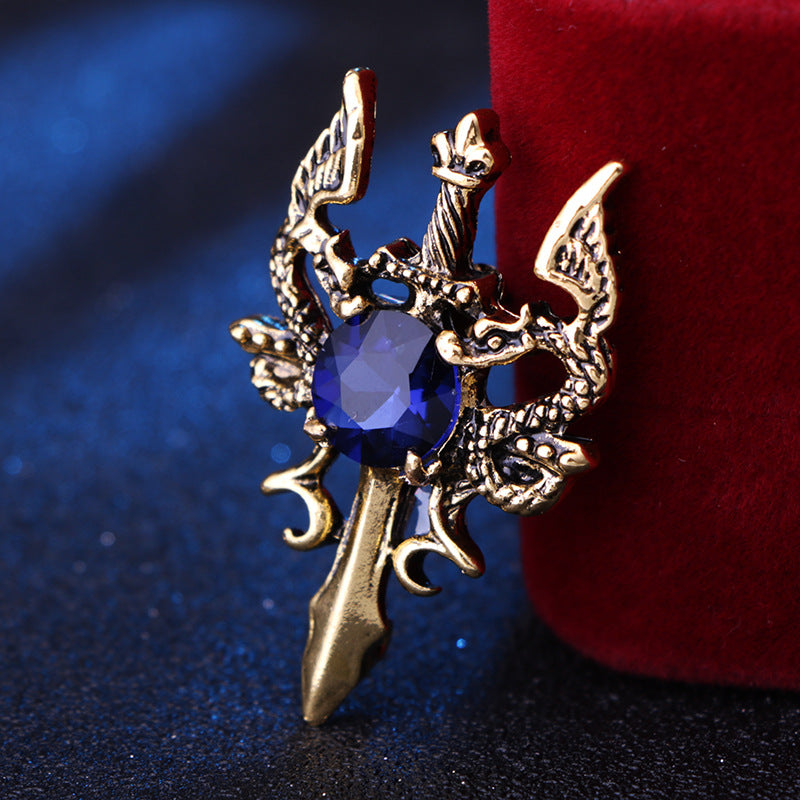 Men's Vintage Double Dragon Sword Suit Brooch