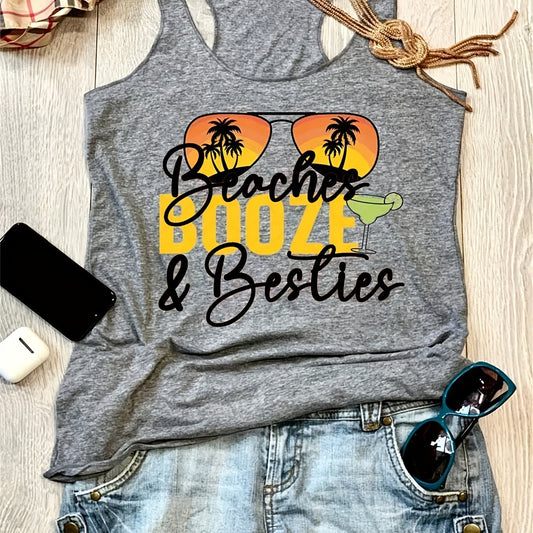 Sunglasses & Letter Print Tank Top Casual Sleeveless Summer Beach Tank Top