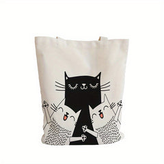 Cat Printed Canvas Handbag One Shoulder Men's Beach Bag Shopping Bag