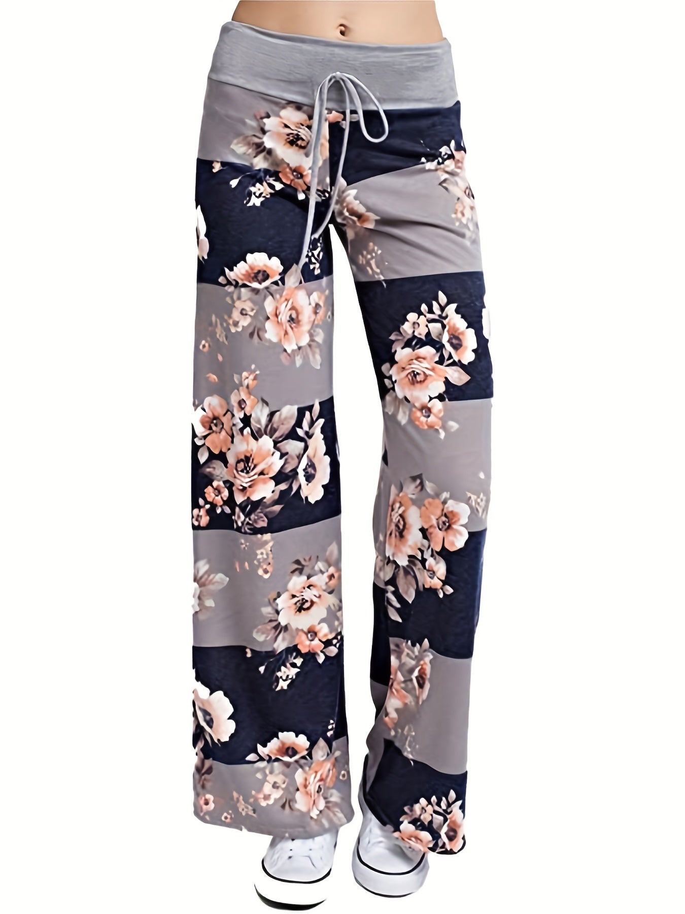  Floral Print High Rise Drawstring Loose Fit Pants
