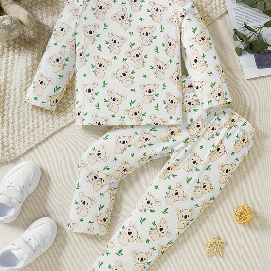 2pcs Toddler Girls Bear Graphic Pajama Set Crew Neck Long Sleeve T Shirt & Pants