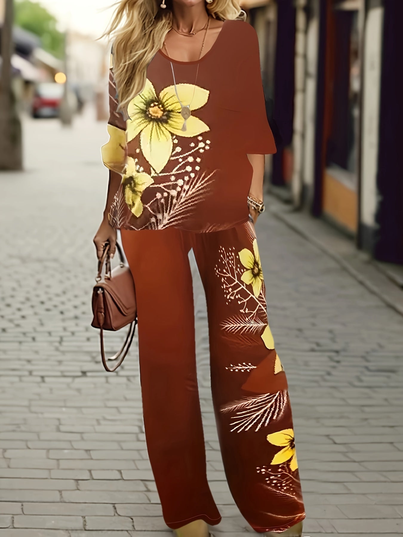 Women's Plus Floral Print Top & Pants 2 Piece Set
