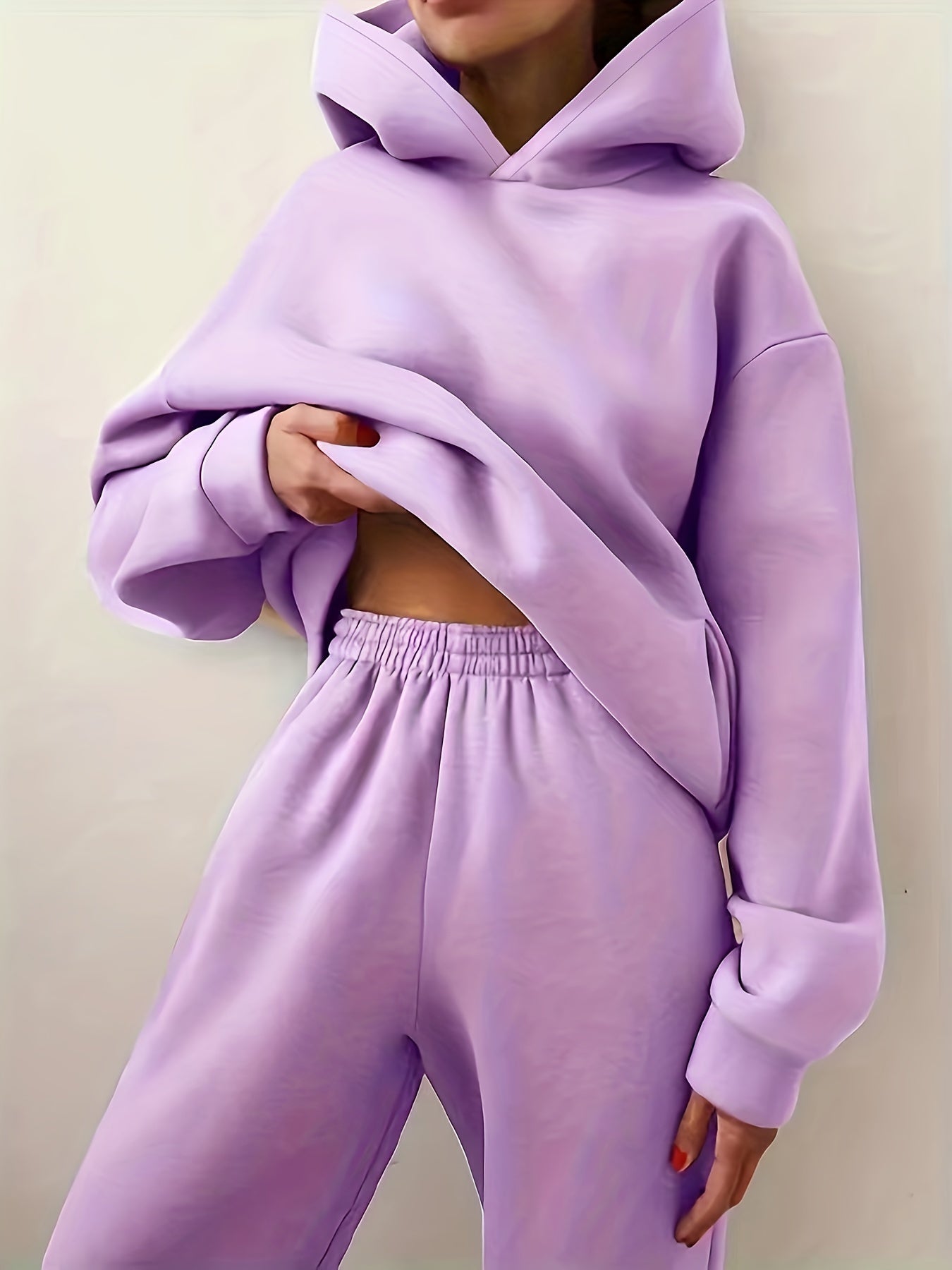 Casual Solid 2pc Set Kangaroo Pocket Hoodie & Pants Women's Outfit