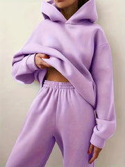 Casual Solid 2pc Set Kangaroo Pocket Hoodie & Pants Women's Outfit