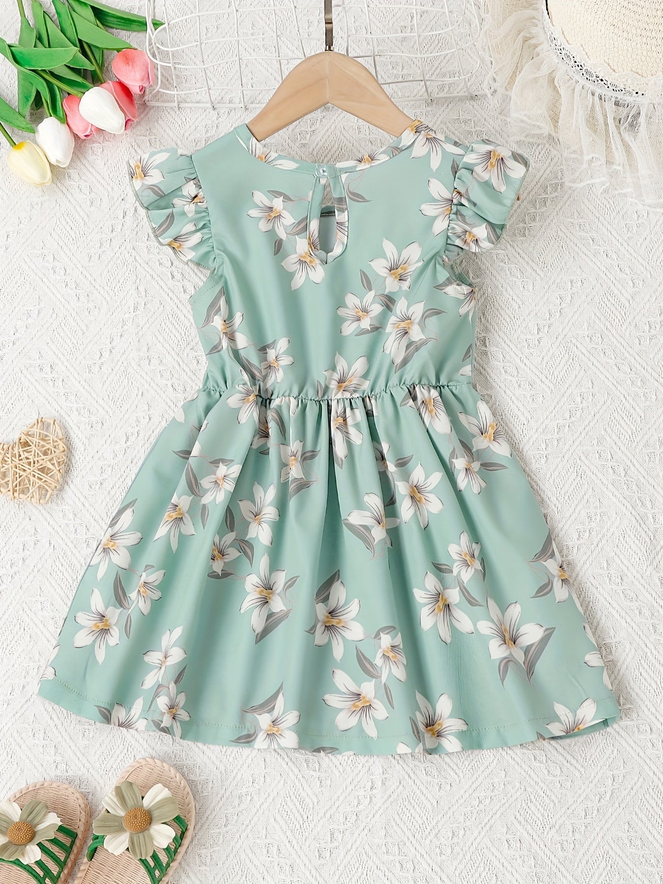 Girls Ruffle Trim Flowers Graphic Princess Dress For Party Beach Vacation