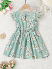 Girls Ruffle Trim Flowers Graphic Princess Dress For Party Beach Vacation
