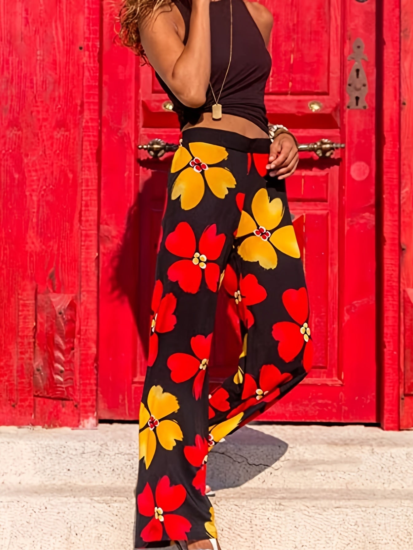 Boho Floral Print Loose Straight Pants Elastic High Waist