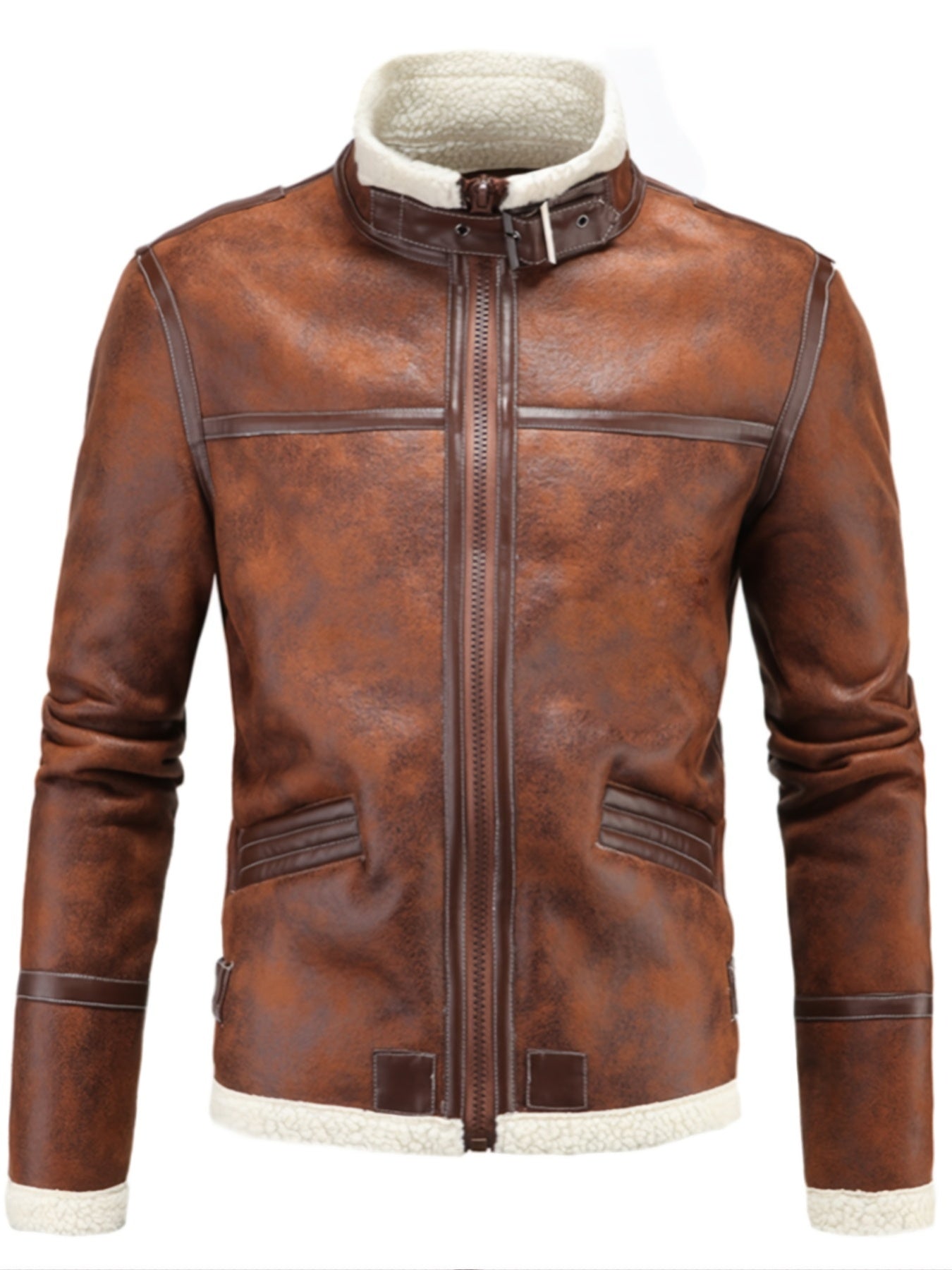 Men's Warm Fleece PU Jacket with Stand Collar for Fall Winter