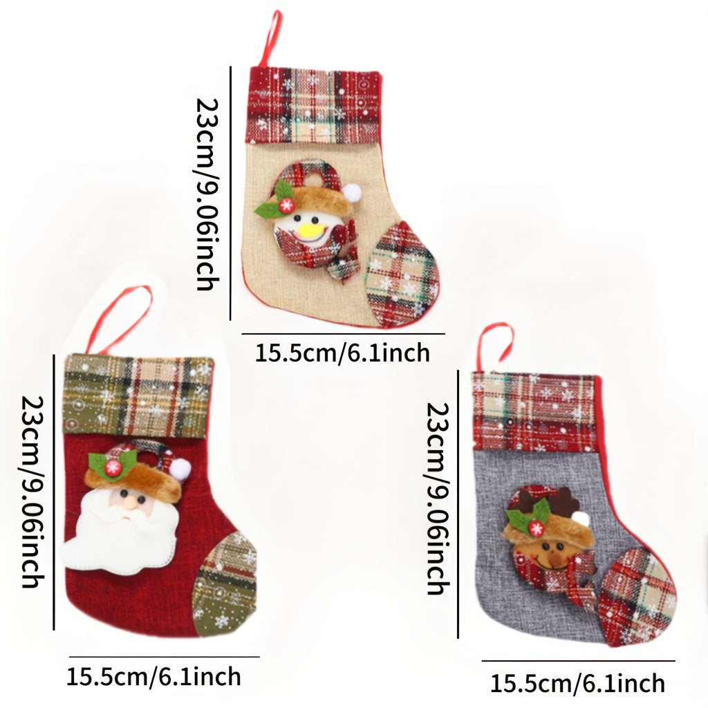 3 Piece Christmas Stocking Set Santa Claus Snowman Elk Socks Set