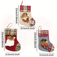 3 Piece Christmas Stocking Set Santa Claus Snowman Elk Socks Set