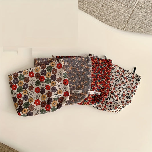 Vintage Floral Clutch Makeup Pouch Corduroy Travel Toiletry Organizer
