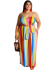 Colorful Striped Loose Fit Cami Dress With Belt Women's Plus Long Dress