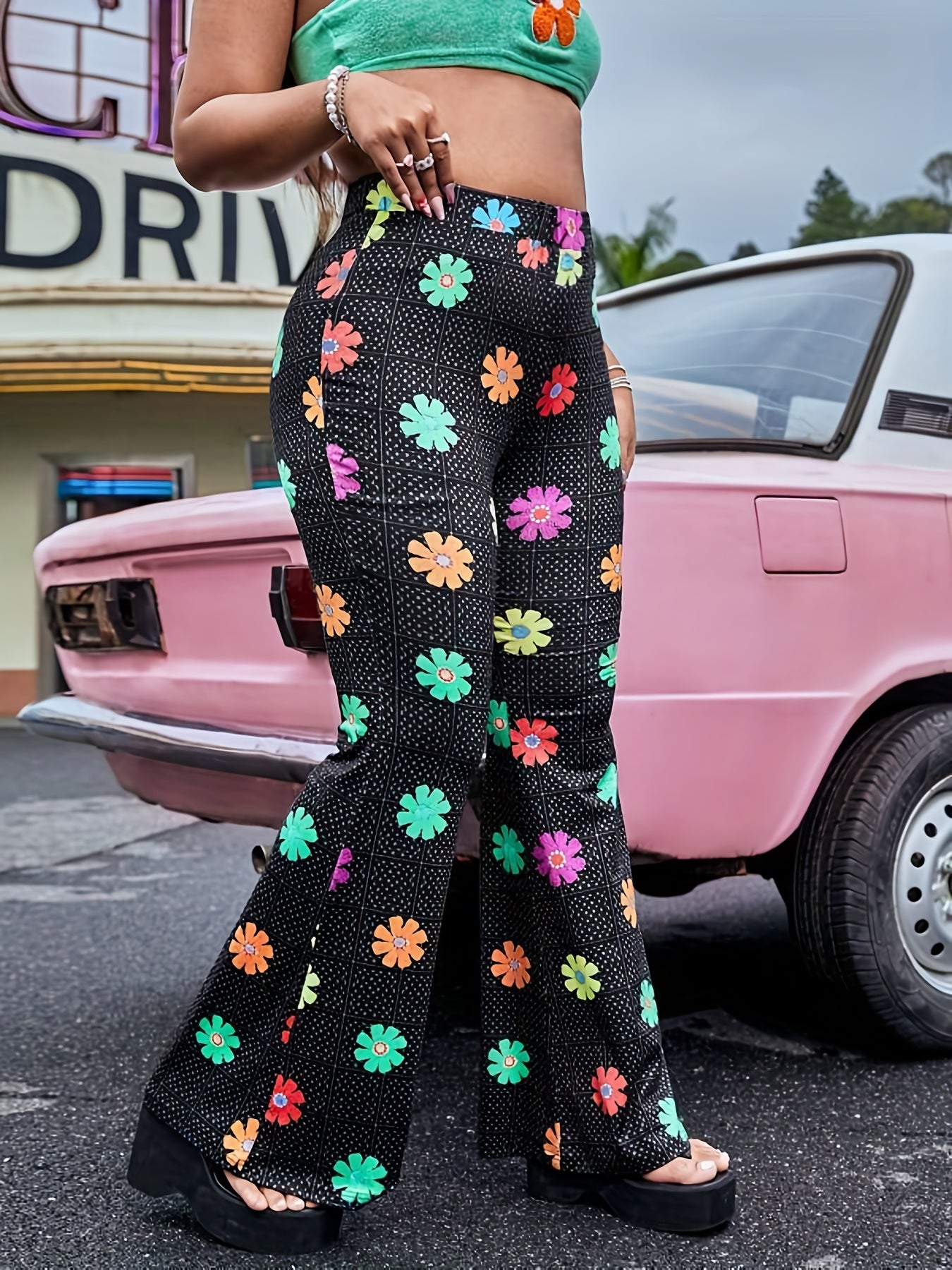 Floral High Rise Flared Leg Trousers Plus Size