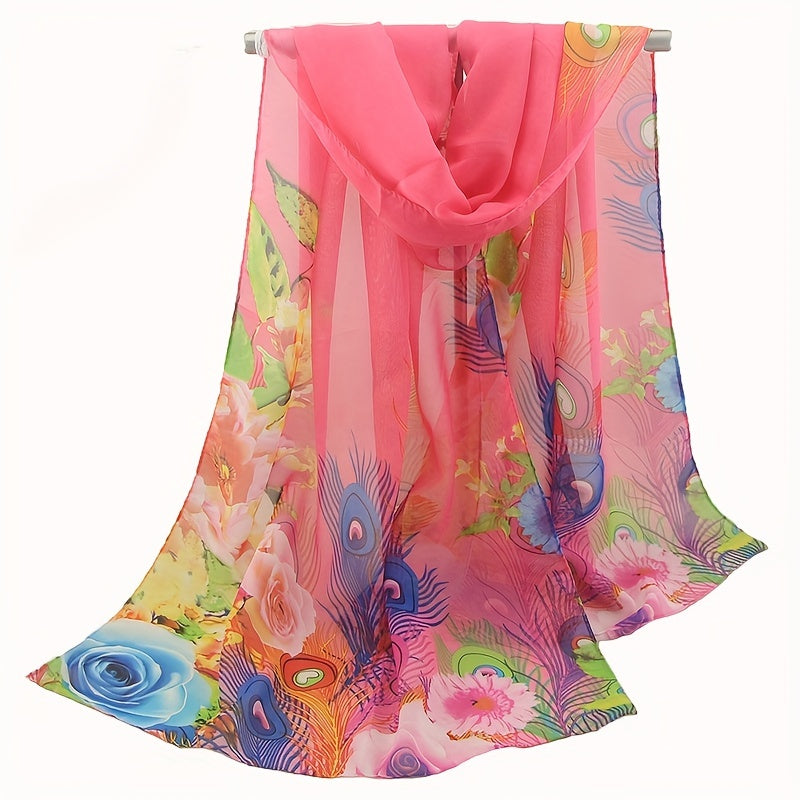 Colorful Peacock Print Thin Scarf Chiffon Sunscreen Shawl Women Outdoor Travel