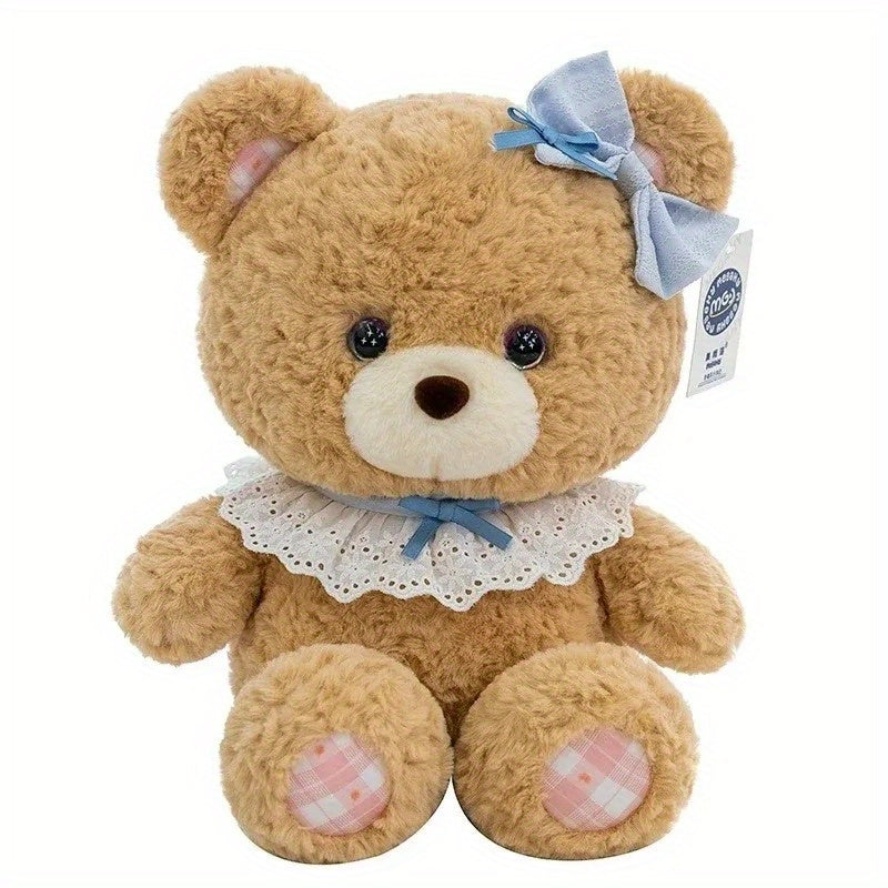 Adorable Brown Bear Plush Toy with Bow & Lace Collar Soft Stuffed Animal Mat
